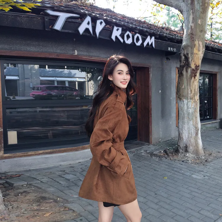 高级感复古麂皮绒短风衣外套女2025春秋新款韩版宽松气质夹克上衣