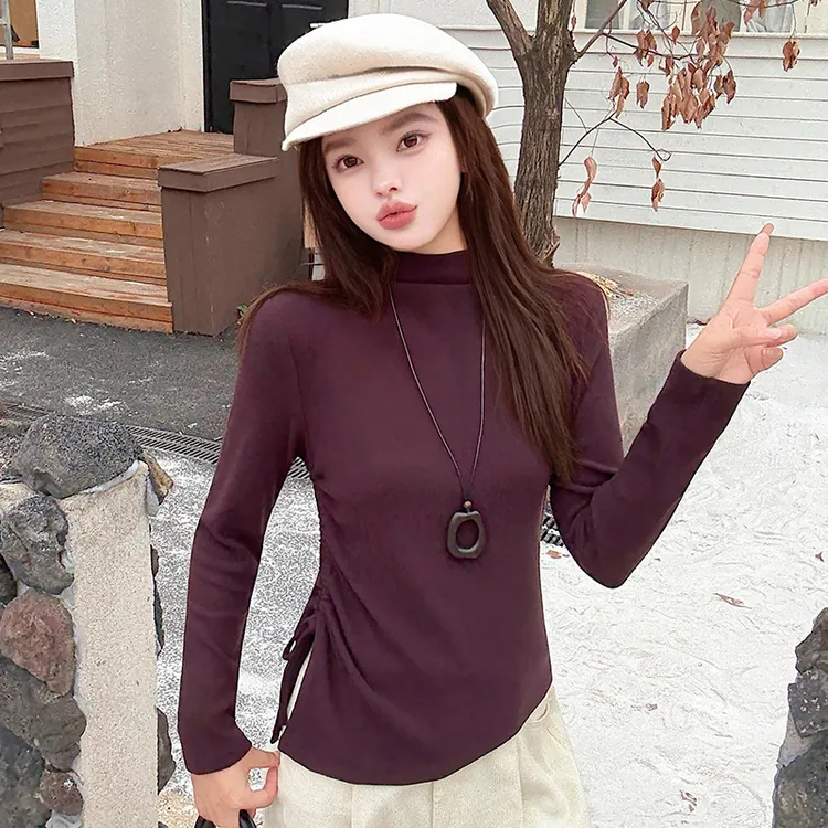 女半高领长袖T恤短款磨毛打底衫修身显瘦保暖春秋8960