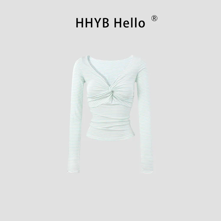 HHYB Hello大V领设计感条纹上衣2025秋别致感扭结花边袖T恤250684