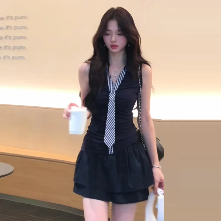 2025新款学院风Polo领无袖连衣裙子女初夏季韩系纯欲a字短裙套装