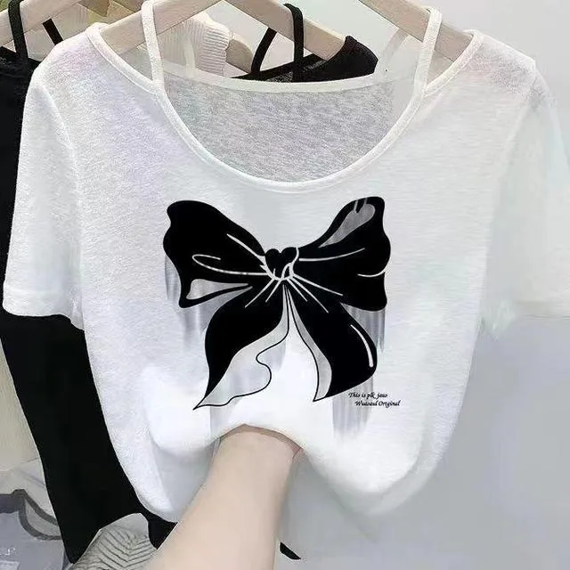 设计感小众轻薄气质露肩短袖t恤女夏季新款宽松百搭显瘦吊带上衣