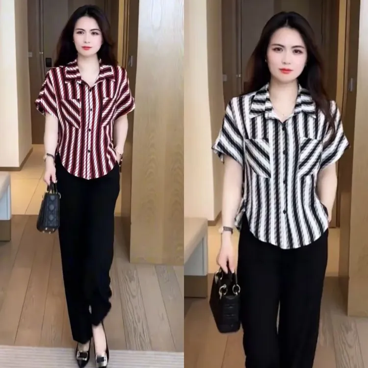 时尚条纹短袖衬衫女夏季新款休闲百搭气质减龄洋气宽松显瘦上衣