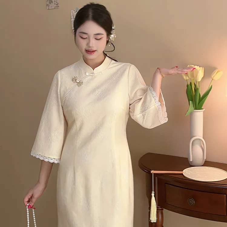 浅花梨【自制款】奶黄色蕾丝倒大袖民国风大码胖mm改良新中式旗袍