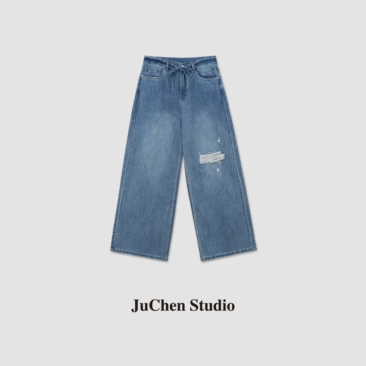 美式高阶破洞软牛仔春夏水洗磨白休闲阔腿牛仔裤 SS205004-105