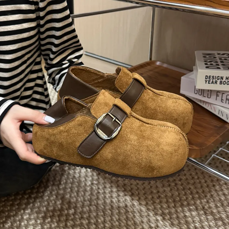 薄绒勃肯鞋女款秋冬季加绒内增高软底乐福鞋2025新款大头两穿棉鞋