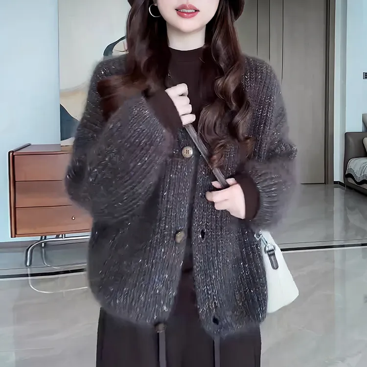 2025灰色毛衣外套女春秋新款韩系宽松复古慵懒风中长款针织开衫