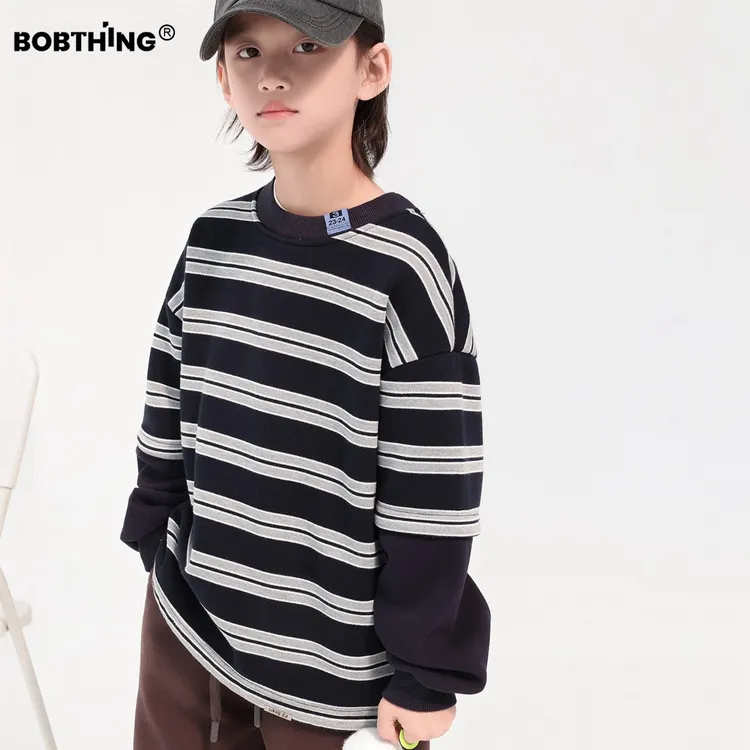 领口小标儿童冬季一体绒条纹卫衣假两件上衣男童加厚打底衫潮童装