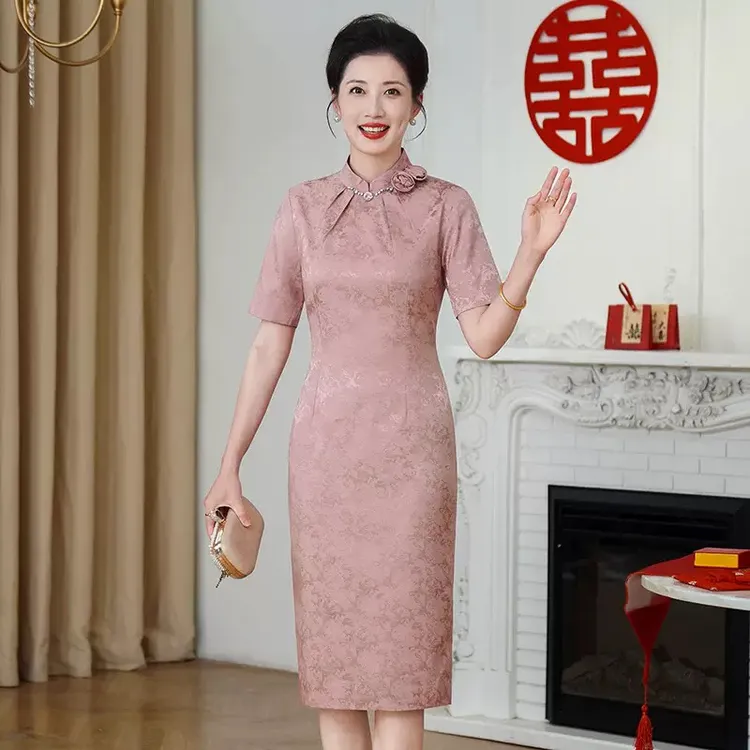【粉色+酒红】提花锦缎年轻时尚喜妈妈婚宴敬酒改良旗袍礼服连衣裙J