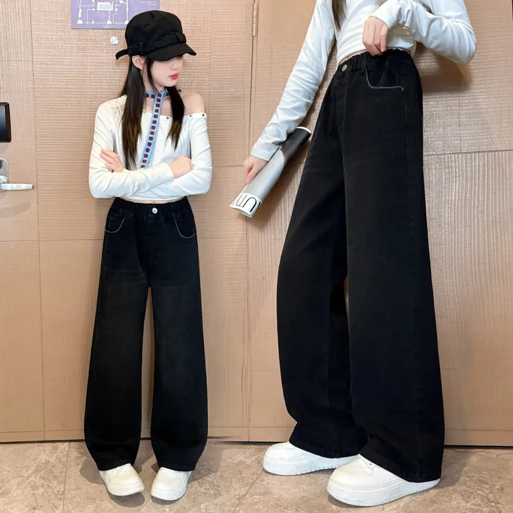女童秋装黑色牛仔裤2025新款洋气中大儿童直筒休闲阔腿长裤子春秋