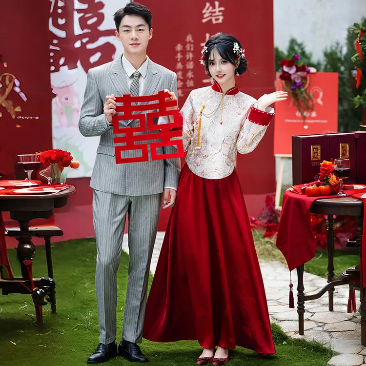 新中式婚宴喜庆立领盘扣开衫上衣提花半身裙新娘敬酒服套装2596