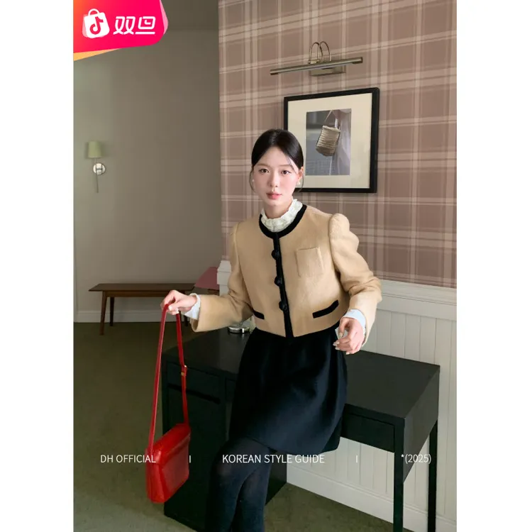 DH 大花的双旦【落日玫瑰】“绵羊毛”法式秋冬精致小姐卡其小香外套