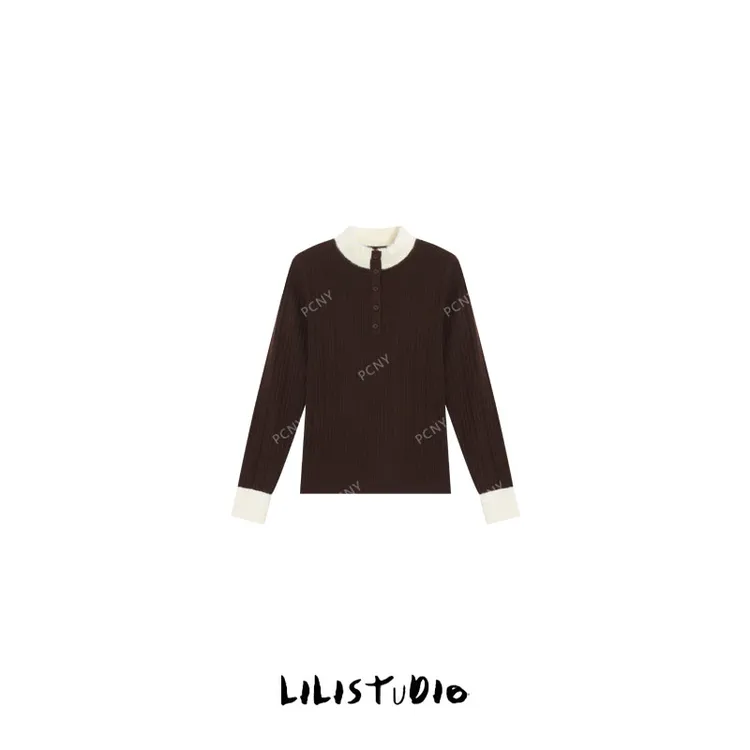 PCNY不理理“深暖引力”咖色复古拼接感撞色显瘦秀兰修身百搭针织衫