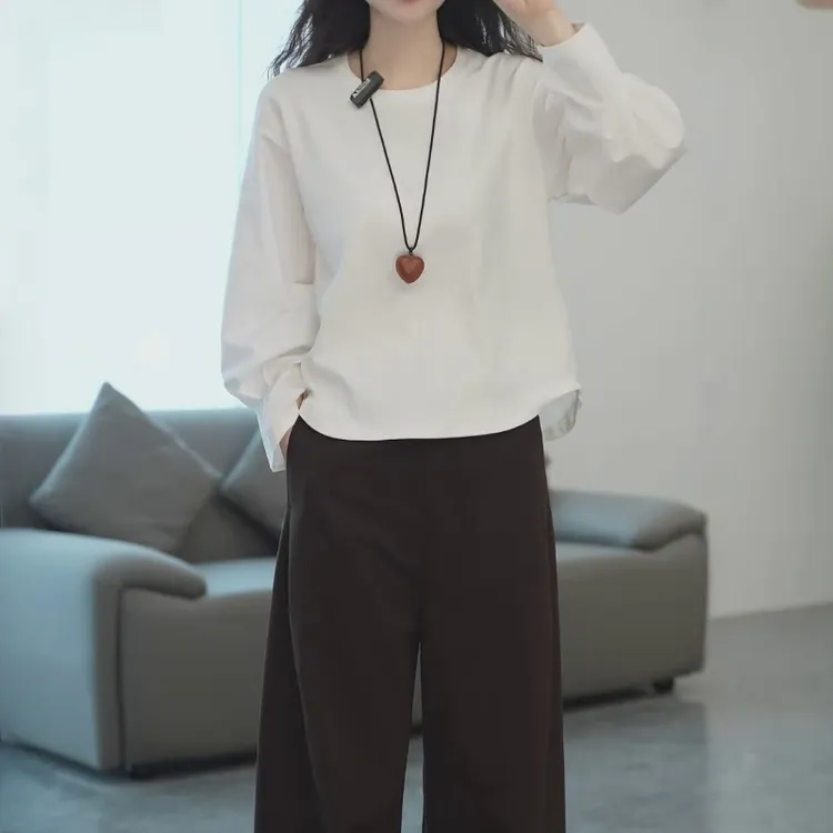 不规则开叉长袖T恤女士2025秋季新款简约通勤休闲显瘦圆领上衣潮
