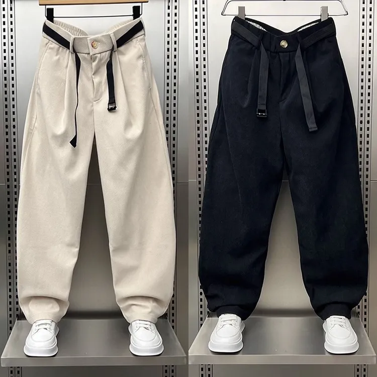 殿若秋冬加绒纯色条绒弯刀裤男宽松腰带直筒休闲裤美式复古长裤男