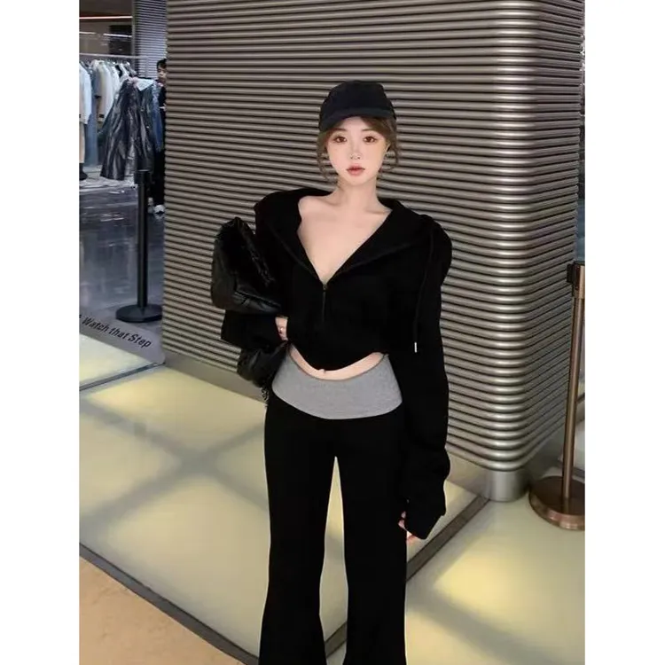 休闲套装复古慵懒连帽长袖卫衣外套2025秋穿搭撞色微喇叭裤两件套