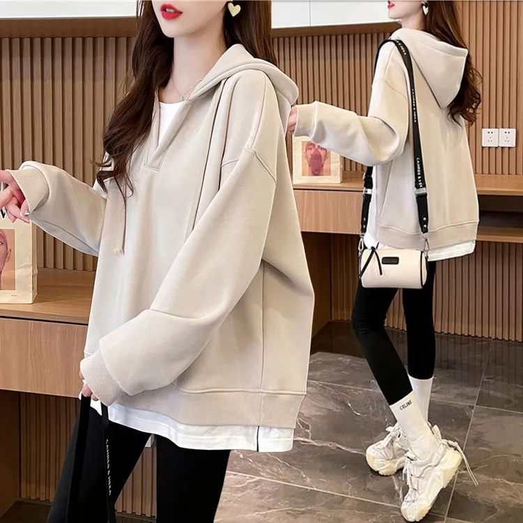设计感假两件连帽卫衣女春秋季大码女装宽松中长款遮屁股上衣外套
