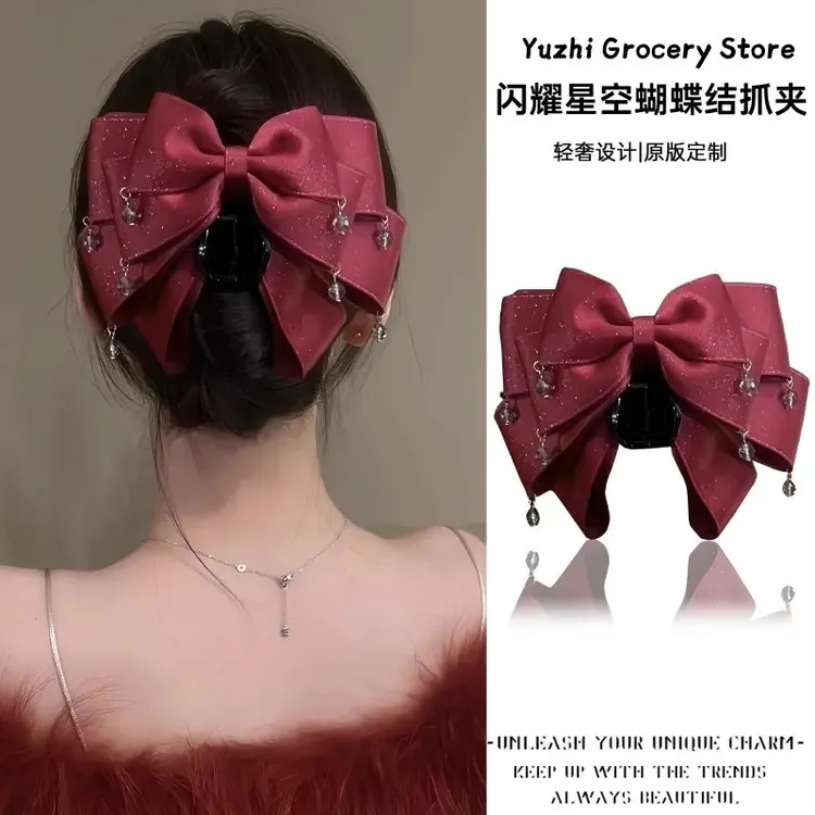 韩版多层蝴蝶细闪蝴蝶结抓夹水钻流苏珠珠发夹优雅百搭抓夹头饰