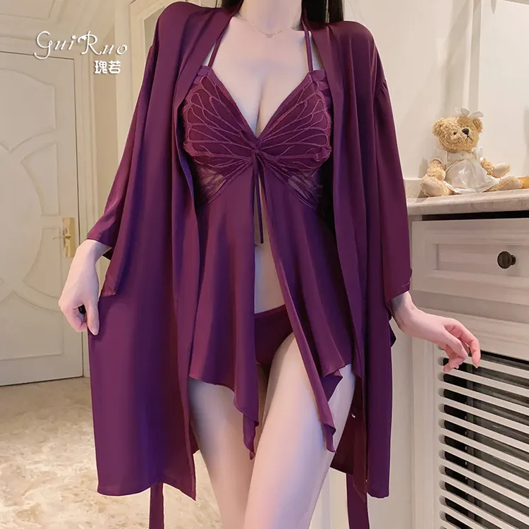 睡衣性感甜美蝴蝶冰丝蕾丝露背睡裙外袍家居服套装夏季睡袍欲风