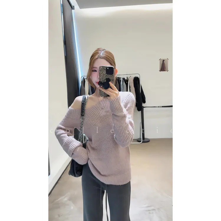 秋冬新款软糯一字肩套头毛衣长袖上衣打底衫微喇裤高腰运动喇叭裤