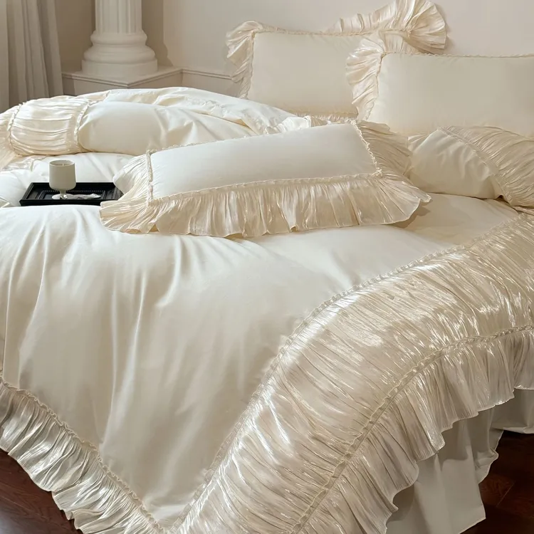 法式奶油风全棉床裙四件套纯棉公主风褶皱花边被套少女心高级床品