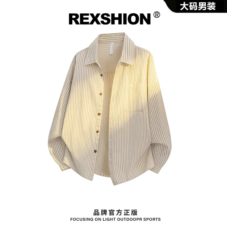 REXSHION秋季新款拼接条纹翻领衬衫夹克男韩版潮流休闲百搭外套男