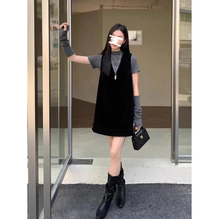 韩系时尚套装波点半高领短袖打底衫上衣女装秋季背心连衣裙两件套