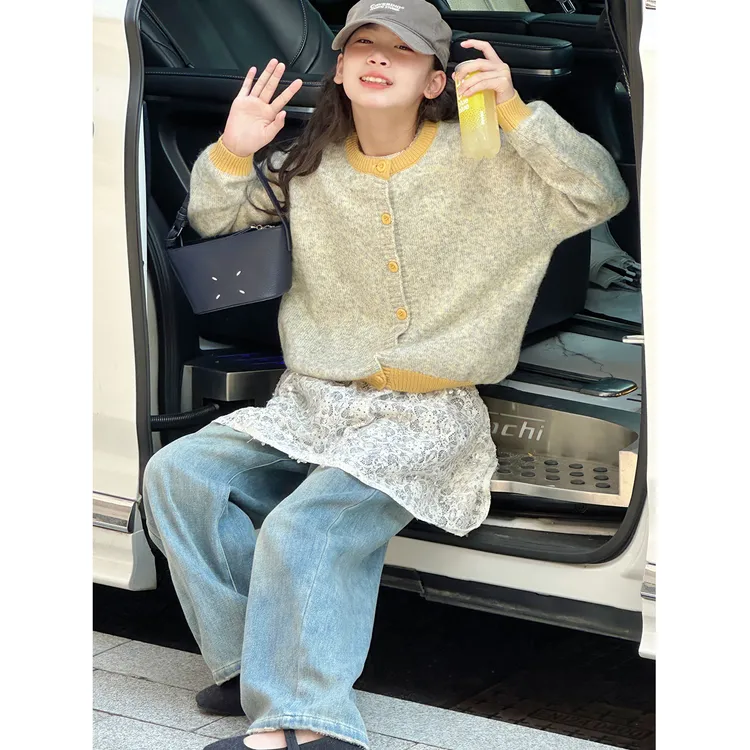 K29402孙小美撞色女童毛衣开衫2025秋新款大童儿童上衣秋冬针织衫