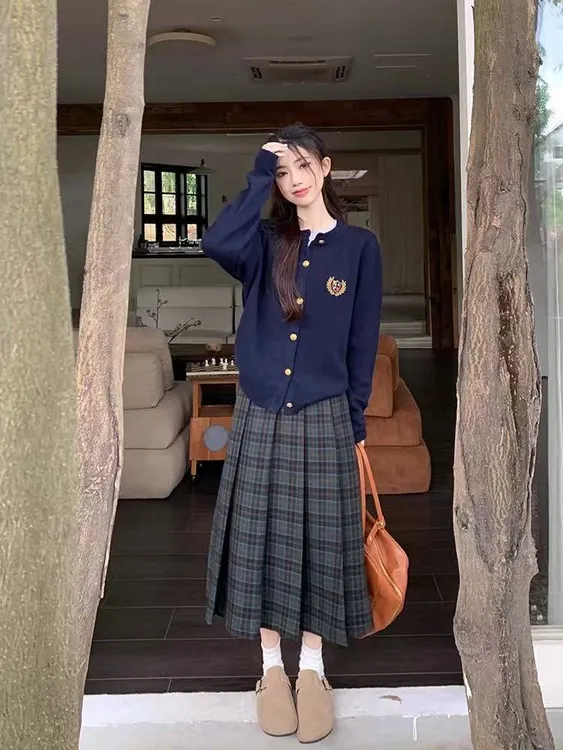 日系衬衫轻熟风时尚套装开衫法式格子休闲风学院风99396