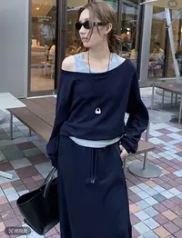 【李姑娘专属】85562韩版简约假两件拼接上衣半身裙套装
