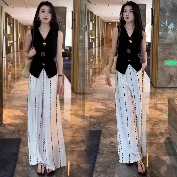 时尚套装女夏季新款显瘦高级感马甲阔腿裤休闲减龄两件套宽松高腰