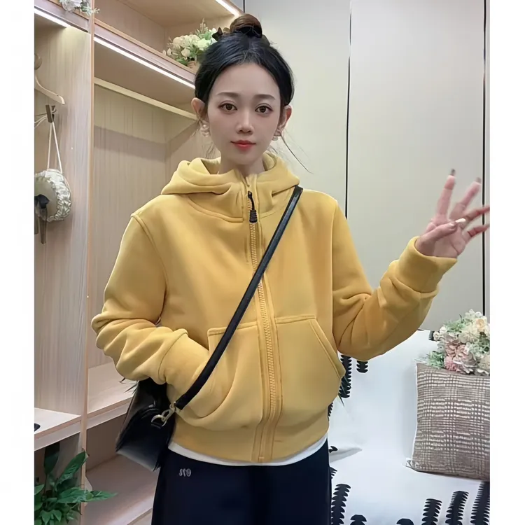 加绒加厚双面奥粒绒连帽秋冬外套女修身百搭休闲开衫保暖上衣