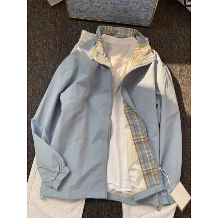 fitcheck蓝色拼接格子夹克男款春季立领冲锋衣美式运动棒球服外套