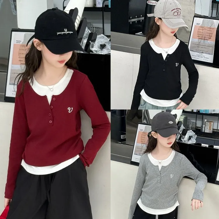 女童t恤长袖春秋装2025新款儿童假两件上衣女孩大童超好看打底衫