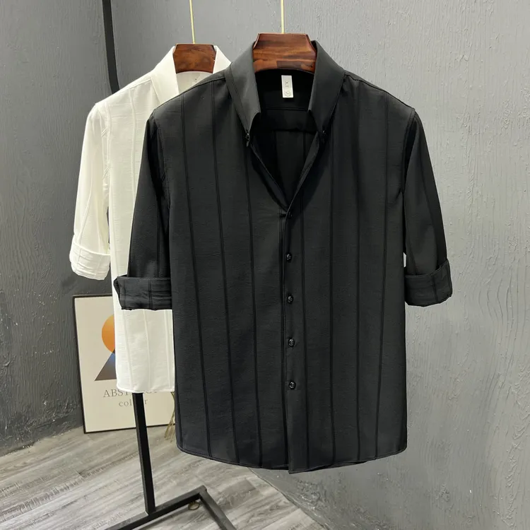 2024高级条纹短袖衬衫男是潮流修身衬衣夏季潮牌痞帅休闲夏装上衣