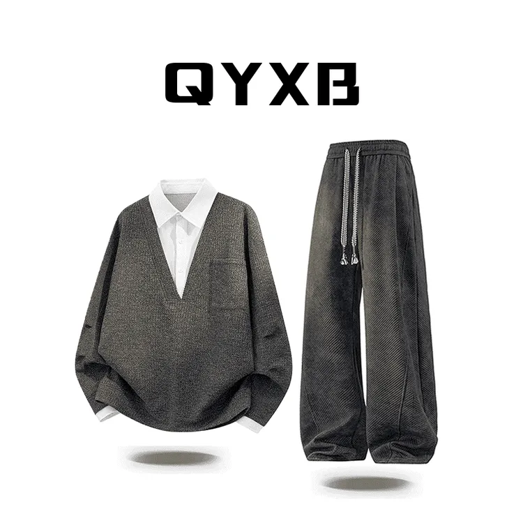 【品牌正品现货】QYXB美式潮流毛衣男秋冬新款衬衫领设计假两件上衣