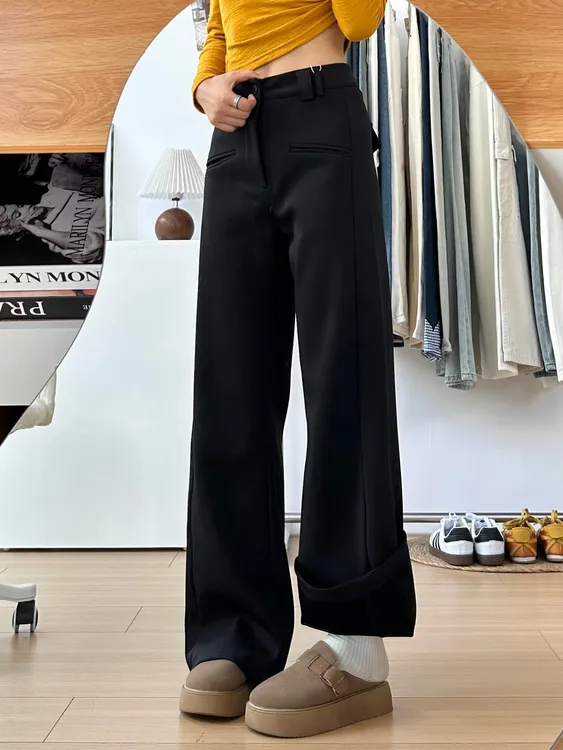 梨形身材微喇西装裤女秋冬加绒加厚胖妹妹大码高腰遮胯显瘦休闲裤