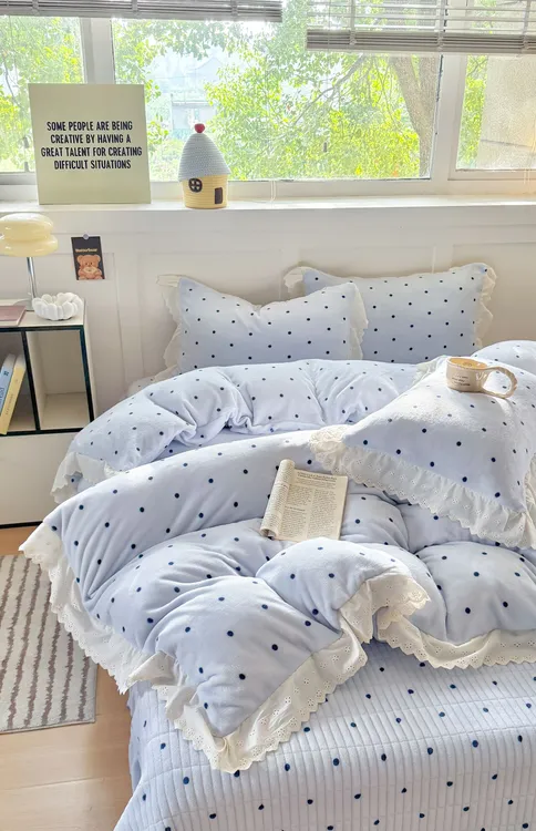 冬季高克重保暖双面印花牛奶绒花边床盖四件套小清新花边款可机洗