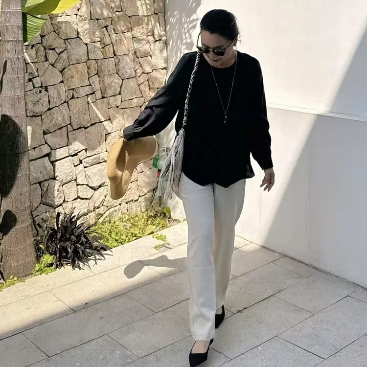 Ms.Qnn“老钱俱乐部”系列 重磅亚麻棉高腰直筒牛仔裤 39P136 Q姐