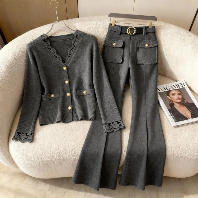 法式小香风慵懒显瘦蕾丝开衫女秋冬季新款减龄加厚微喇阔腿裤套装