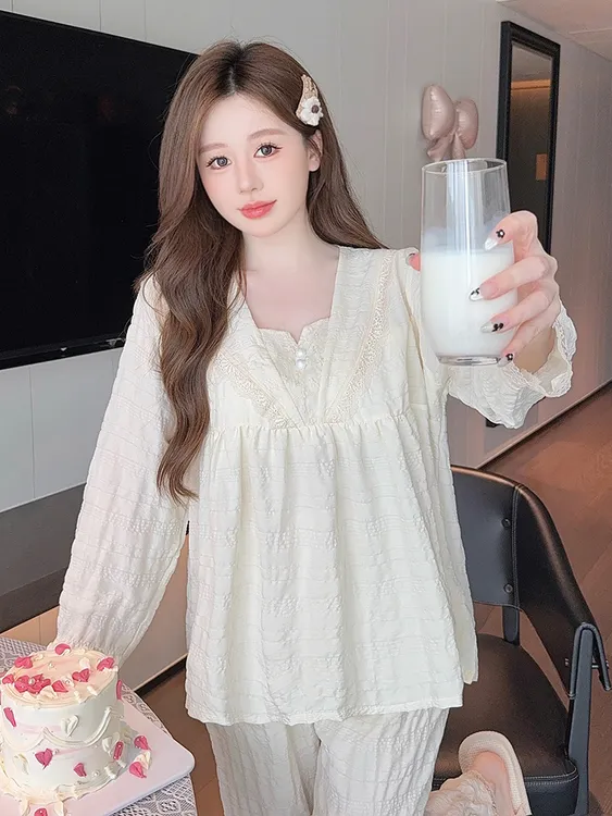 带胸垫长袖长裤套头睡衣女款云朵棉公主风胖MM可外穿家居服两件套