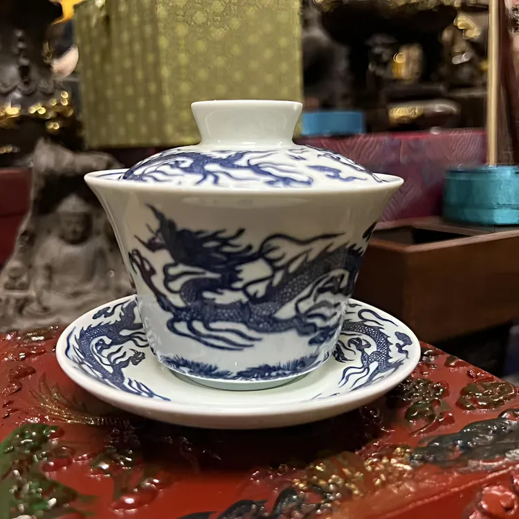 陶瓷悬停可旋转盖碗家用陶瓷龙纹三才手工盖碗茶杯高档龙图案摆件