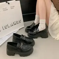 小个子粗跟一脚蹬英伦风春秋圆头防磨厚底青年胶粘乐福鞋单里皮鞋