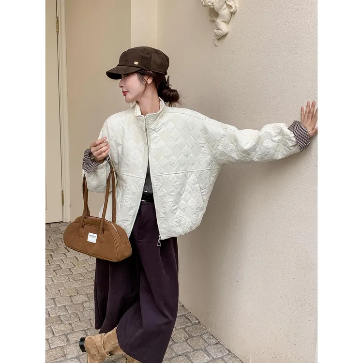 2025秋季新款韩版时尚百搭显瘦菱格纹棉服外套女短款小个子上衣潮