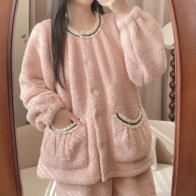 [6323圆领] 泡泡绒睡衣长袖秋冬加厚冬季家居服套装甜美大码