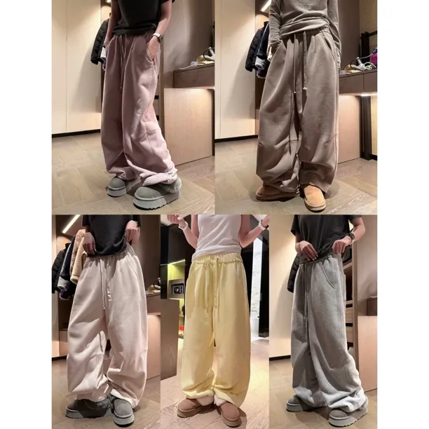 PEACHZHOU 磨毛'老爹加绒卫裤'分割设计松紧宽腰头阔腿宽松休闲裤