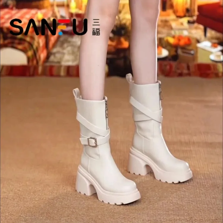 三福长靴前拉链皮带扣女靴中筒2025秋冬季新款气质靴子时尚马丁靴