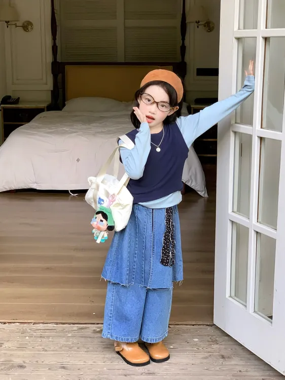 女童套装2025秋季背心打底衫牛仔裙裤三件套儿童早秋洋气时髦秋装