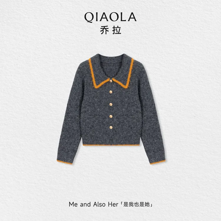QIAOLA/乔拉【暖绒对画】秋冬季羊毛翻领撞色设计保暖毛织上衣开衫