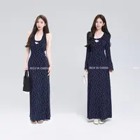 舒胡蕾 韩系碎花 法式碎花拼接蕾丝V领设计感露背长款连衣裙