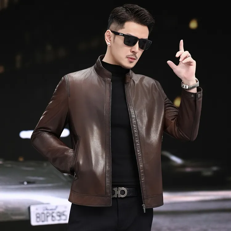 新款高档头层山羊皮真皮皮衣男士短款休闲时尚立领复古皮夹克外套